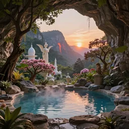 cozy mountain hot springs hidden in a cave, lush trees and flowers, date trees, ivory towers, sun setting, ross tran, nephilim, pyroclastic flow, ethereal, fantasy, James Jean, oozium, peter morbacher, angelarium, alchemy, luxury, heavenly light, Soft illumination, Trending on artstation, Cinematic Lighting, digital painting, octane render, artgerm