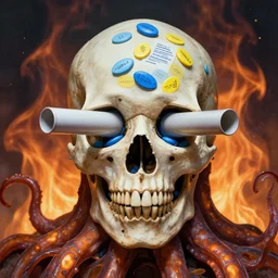 a self portrait by the artist kelbv, in distinct hyper detailed style with tubes coming from eyes, and hollowed skull filled with blue and yellow accountancy ellipsoids, perfect studio lighting against a backdrop of a still from the movie fire tentacle.