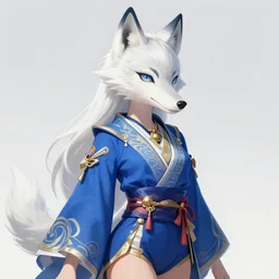 commissioned full body portrait of a female anthro wolf princess fursona with a furry wolf head and white hair wearing a blue and gold Japanese armored dress in a white and gold palace on a starry night with a large crescent moon, by a professional manga illustrator, by Kilian Eng, by Sandra Chevrier, trending on artstation