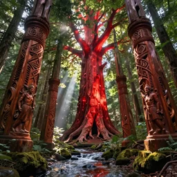 In some of the column carved with Norse gods there is a huge glowing redwood, light filtering through the gaps in the leaves, Sparkling in the flowing creek, Tyndall effect, hone finished, national geographic, 8K, hyper detailed, crepuscular ray, low angle, superwide shot, lunapunk