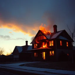 during golden hour, bad weather, ultrahd, ultra sharp, hyper detailed, 8 k, shot on 3 5 mm film camera, smooth sharp forcus, realism, tumblr aesthetic, a photograph of a house burning down aesthetic,