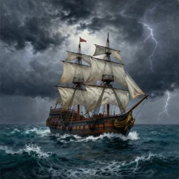 a painting of a thunderstorm in the sea, a pirate ship in the middle, dramatic, action photo