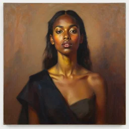portrait in daring femininity, ethnic, statuesque, confident face, warm glow, bathed in morning light, captured memory, painterly, radiosity, impressionism, warm earthy natural color scheme with contrasting highlights, modern fashion, contemporary art, deep rich hues, oil on canvas