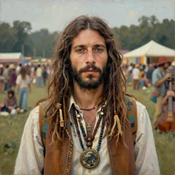 an oil painting of a hippy at woodstock 1969, natural colours, character photography, Exquisite detail, post-processing, masterpiece