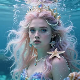 “ florence pugh portrait, fantasy, mermaid, hyperrealistic, game character, underwater,, highly detailed, cinematic lighting, pearls, glowing hair, shells, gills, crown, water, highlights, starfish, goddess, jewelry, realistic, digital art, pastel, magic, fiction, ocean, queen, colorful hair, sparkly eyes, fish, heroic, waves, bubbles ”