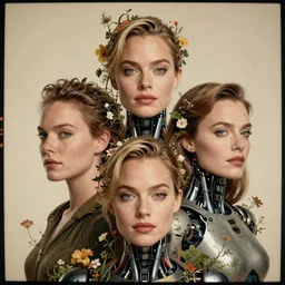 a beautiful ultradetailed vintage photo of margot robbie as a cybernetic cyborg, by tom bagshaw and natalie shau, portrait, vignette, 3 5 mm lens, golden ratio composition, detailed faces, studio photography, very detailed, robot overgrown with flowery vines, artstation, 8 k, highly coherent