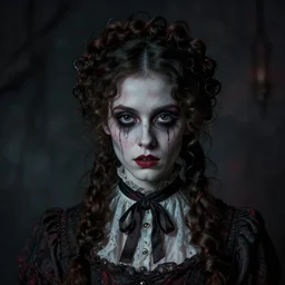detailed cinematic moody colors studio portrait of a possessed young victorian lady being controlled like a puppet, creepy evil vibe, high quality by jeremy mann, only one head single portrait