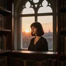 late evening, sunset, golden hour, melancholic windows, gothic library, persian girl with hime cut looking through shelves