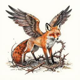 An Absurdly-detailed Winged-Fox entwined in thorns, colored-pen drawing