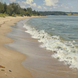 raging waters of the riverbank, upclose on the beach of the river, nothing but smooth flat sand and waterlandscape, beautiful artwork by ivan shishkin, featured on artstation, cgsociety, detailed —width 768