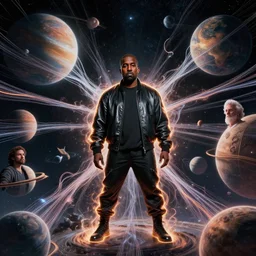 kanye west as a warrior surrounded by intergalactic planets connected by streams of magical flow, visually stunning, luxurious, by james jean, jakub rebelka, tran nguyen, peter mohrbacher, yoann lossel, wadim kashin