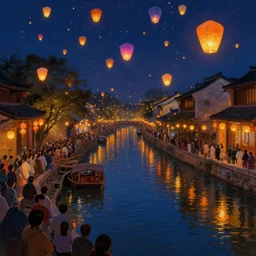 paper lanterns glowing in many colors floating down a river canal at night, crowd watching. beautiful digital detailed landscape painting, matte painting trending on artstation