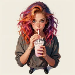 a stylish girl with freckles and wild colorful hair sips on a milkshake with a straw, full body | | fine detail!! anime!! realistic shaded lighting!!, directional lighting 2 d poster by ilya kuvshinov, magali villeneuve, artgerm, jeremy lipkin and michael garmash and rob rey