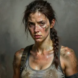 muscular sweat lara croft, covers with mud exhausted face close up, highly detailed painting by gaston bussiere, craig mullins, j. c. leyendecker 8 k