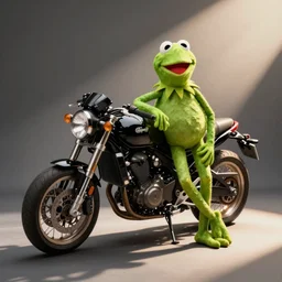 suggestive kermit the frog leaning against a motorcycle. gq magazine photograph.