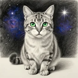 highly detailed full body realistic pencil sketch of a beautiful cat with big green eyes in front of the galaxy stars