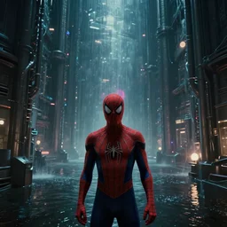 a film still from the matrix by spiderverse style - endless machine - built underground facility that controls atmosphere, water and power, scale of a city, water - logged, medium shot, waist up, bloom, dark and moody atmospheric, dramatic lighting, behance, game environment design, artstation, photoreal, deviant art,