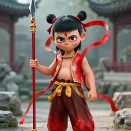a masterpiece portrait of nezha in chinese garden, male kid, red cloth around his shoulders, spear, cinematic, fantasy character portrait, highly detailed, by ne zha ( 2 0 1 9 ), fenghua zhong, digital painting, trending on artstation, sharp focus, dynamic pose, new gods : nezha reborn ( 2 0 2 1 ), i am nezha ( 2 0 1 6 ), fenghua zhong, top lighting, character concept design