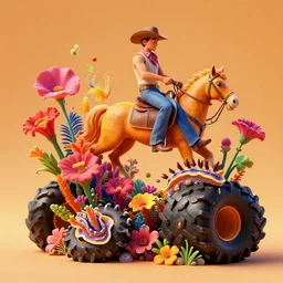 a cowboy turning into blooms by slim aarons, by zhang kechun, by lynda benglis, by frank frazetta. tropical sea slugs, angular sharp tractor tires. bold complementary vivid colors. warm soft volumetric light. 8 k, 3 d render in octane. a manly cowboy riding wild flowers sculpture by antonio canova.