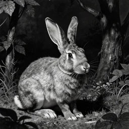 a rabbit in a garden. dark fantasy, film noir, black and white, osr, mike mignola.