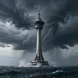 Massive tower in the middle of an stormy sea in 24th century, tornadoes, realistic photo