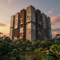 an extremely detailed building, brutalist architecture, titanic in size, surrounded by lush green forest and murky ponds of water, stunning volumetric lighting, sunset, rusted steel, smooth concrete, stunning skies, trending on Artstation, 8k, photorealistic, hyper detailed, unreal engine 5, IMAX quality, cinematic, epic lighting, in the style of the game DOOM, by Greg Rutkowski