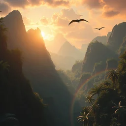 an award winning digital artwork of a lush prehistoric jungle chasm with tall mountains in the background, a raincloud, a rainbow, pterosaurs flying at a distance, stunning, washed out colors, volumetric lighting, sunset, photorealistic