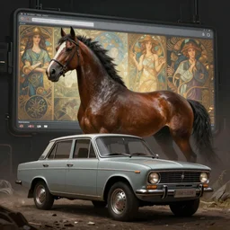photo of VAZ2105 virtual horse as a loading screen, intricate, dystopian, sci-fi, extremely detailed, digital painting, artstation, concept art, smooth, sharp focus, illustration, intimidating lighting, incredible art by artgerm and greg rutkowski and alphonse mucha and simon stalenhag