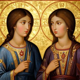 portrait of 2 different asian looking girls close up looking at each other in iconography style theophanes the greek glitter chinese ornament dress