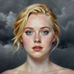 professional painting of Elle Fanning in the style of Rebecca Guay, head and shoulders portrait, symmetrical facial features, smooth, sharp focus, illustration, intricate, stormy weather, extremely detailed masterpiece,