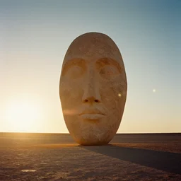 brutalist face giant monolith in the atacama desert. sunset. kodak. lens flare. raw. wide angle.