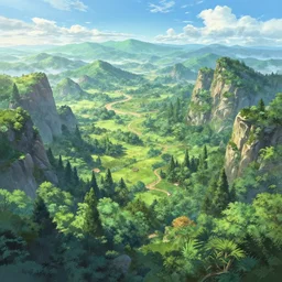 A beautiful fantasy landscape with mountains and trees everywhere, hyper-detailed digital art by kentaro miura