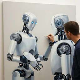 robot painting a robot on canvas, intricate, highly detailed, photorealistic, film still, by alexandros pyromallis.