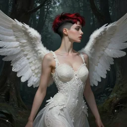 cinematic side portrait sexy female angel, fantasy forest landscape, fantasy magic, undercut hairstyle, short red black fade hair, dark light night, intricate, elegant, sharp focus, illustration, highly detailed, digital painting, concept art, matte, art by WLOP and Artgerm and Greg Rutkowski and Alphonse Mucha, masterpiece