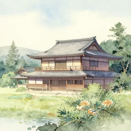 a beautiful painting of a building in a serene landscape, japanese watercolor,