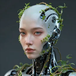close up portrait of a cyborg with vines growing out of its head, artstation