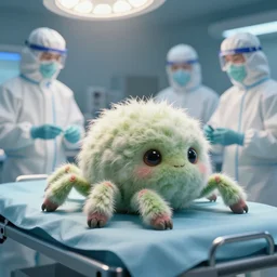 alien little fluffy creature with six legs, and a couple of eyes, laying on the surgery table, around staying scientists in biohazard suits, render, volumetric light, artstation, digital art