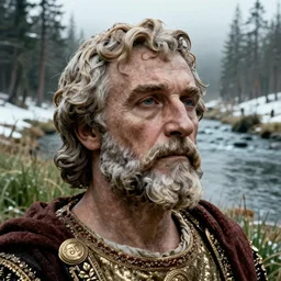 1 9 6 0 s movie still close up of marcus aurelius human face in his emperor clothes frozen to death by the side of a river, grass, snowy, pine forests, cinestill 8 0 0 t 3 5 mm, high quality, heavy grain, high detail, texture, dramatic light, anamorphic, hyperrealistic, detailed hair, foggy