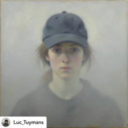 a painting of a woman wearing a baseball cap seen through fog, an oil on canvas painting by Luc Tuymans, featured on reddit, synthetism, oil on canvas, academic art, art on instagram, washed-out colors, soft focus