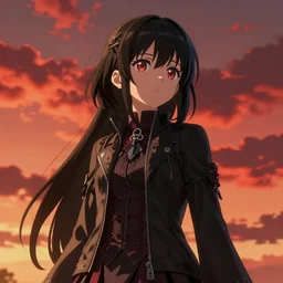 black - haired anime girl, 1 7 - year - old anime girl with long bob cut, gothic jacket, golden hour, partly cloudy sky, red clouds, orange sky, strong lighting, strong shadows, vivid hues, ultra - realistic, sharp details, subsurface scattering, intricate details, art by artgerm, greg rutkowski, 2 0 1 9 anime screenshot