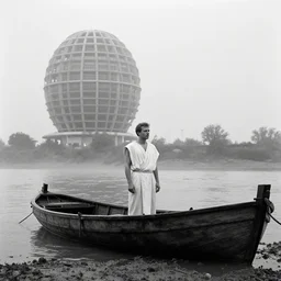 movie still by tarkovsky of a man in white drapery in a blood barque on a river next to a spherical high - rise, leica sl 2 5 0 mm b & w, heavy grain, high quality, high detail, fog, mud