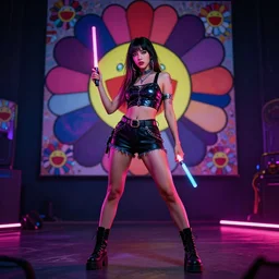 full body pose, hyperrealistic photograph of a beautiful rave woman, glowsticks, dim volumetric lighting, 8 k, octane beautifully detailed render, extremely hyper detailed, epic composition, cinematic lighting, masterpiece, trending on artstation, very very detailed, stunning, hdr, smooth, sharp focus, high resolution, award, winning photo, dslr, 5 0 mm, takashi murakami artwork, 9 0's vibe,