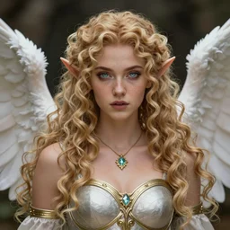 complex 3 d hyper realistic smooth ultra sharp render of an angelic gorgeous high elf princess paladin warrior goddess of beauty | tanned skin, curly dirty blonde hair, freckles, luminescent eyes | d & d, medieval, fantasy | breathtaking, divine, serene | art by oh jinwook + 吵 集 仁 儿 on artstaion + takeshi obata + alphonse mucha