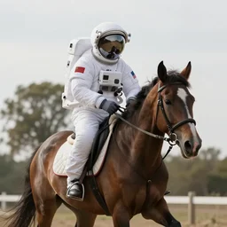 A photograph of a horse riding an astronaut