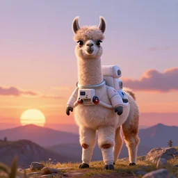 llama as an astronaut, sunset, mountain, disney pixar, highly detailed, trending in artstation