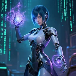cyberpunk android sorceress casting a magical spell, matrix code, scifi, special effects, beautiful girl, white hair, cinematic lighting, atmosphere, blade runner, sparks, energy shield, digital world, highly detailed, futuristic street, foggy weather, masterpiece, artstation, art by eddie mendoza and leif heanzo