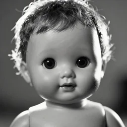 a close - up, black and white studio photographic portrait of a doll with a broken face, dramatic backlighting, 1 9 4 0 photo from life magazine