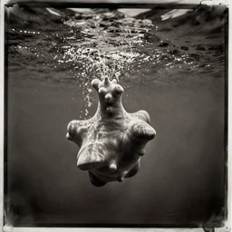 tintype photo, swimming deep underwater, blob