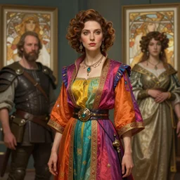 a hyper - realistic detailed character concept art portrait of a vibrantly dressed woman on a depth of field background, artstation, award - winning realistic sci - fi concept art by jim burns and greg rutkowski, beksinski, a realism masterpiece, complimentary color palette, james gilleard, bruegel, alphonse mucha, and yoshitaka amano.