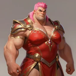 painted portrait of rugged thick beautiful roided bodybuilder zarya from overwatch wearing red dress, short pink hair, upper body, robe fantasy intricate elegant highly detailed digital painting, artstation, concept art, smooth, atmospheric lighting sharp focus illustration art by craig mullins greg rutkowski
